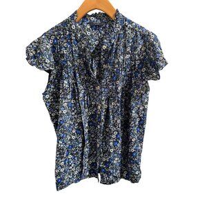 🍒 2/$20 🍒 Lucky Brand Black & Blue Floral Short Sleeve Blouse Pleated Front XS